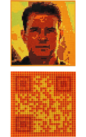 œuvre d’art, pop-art, lego, qr code, Œuvre d'art LEGO : Tom Cruise Maverick, portrait original et QR Code en briques, une fusion unique d'art et de technologie.