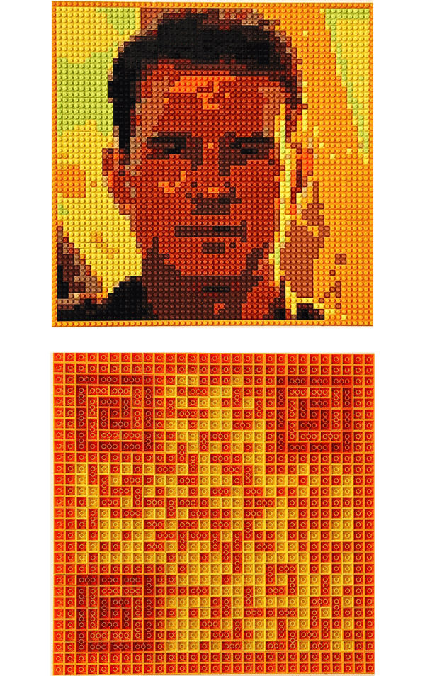 œuvre d’art, pop-art, lego, qr code, Œuvre d'art LEGO : Tom Cruise Maverick, portrait original et QR Code en briques, une fusion unique d'art et de technologie.