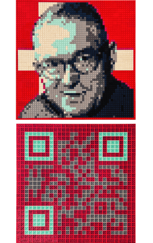 œuvre d’art, pop-art, lego, qr code, Œuvre d'art en LEGO : Portrait original d'Ole Christiansen en briques (recto) et QR code (verso), une création artistique exceptionnelle.