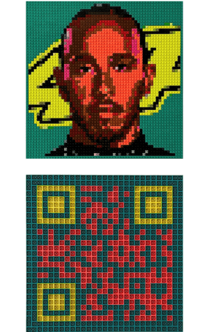 œuvre d’art, pop-art, lego, qr code, Œuvre d'art LEGO : Lewis Hamilton, portrait original en briques et QR code, une fusion artistique unique.