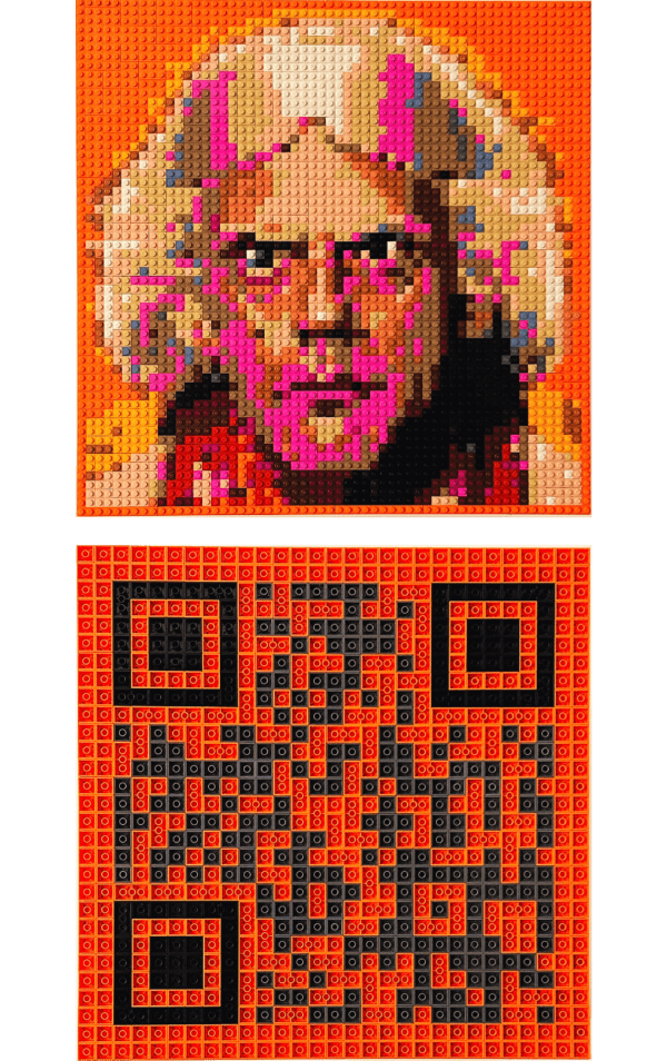 œuvre d’art, pop-art, lego, qr code, Œuvre d'art en LEGO : Portrait original de Doc Emmett Brown en briques (recto) et QR code (verso), une création artistique exceptionnelle.