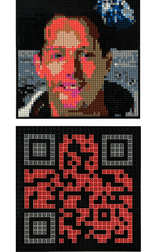 œuvre d’art, pop art, lego, qr code, Œuvre d'art en LEGO : Portrait original de Thomas Pesquet en briques (recto) et QR code (verso), une création artistique exceptionnelle."