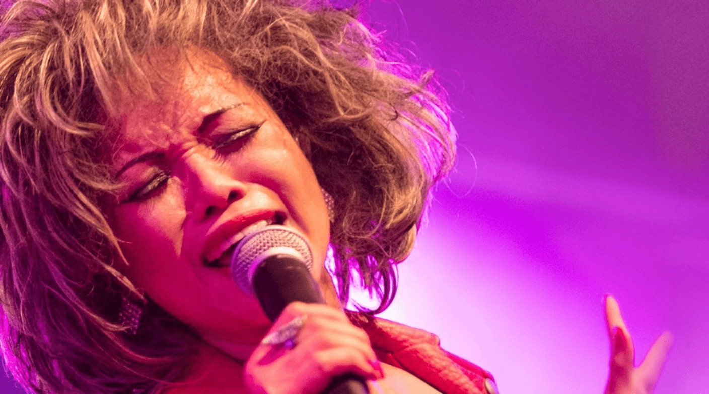 Portrait de Tina Turner en pleine performance sur scène, utilisé pour illustrer l'œuvre LEGO pixelisée créée par l'artiste contemporain qargo en hommage à la reine du rock 'n' roll.