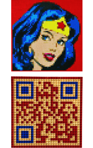 œuvre d’art, pop-art, lego, qr code, Œuvre d'art LEGO : Portrait original de Wonder Woman en briques (recto) et QR code (verso), une création artistique unique.