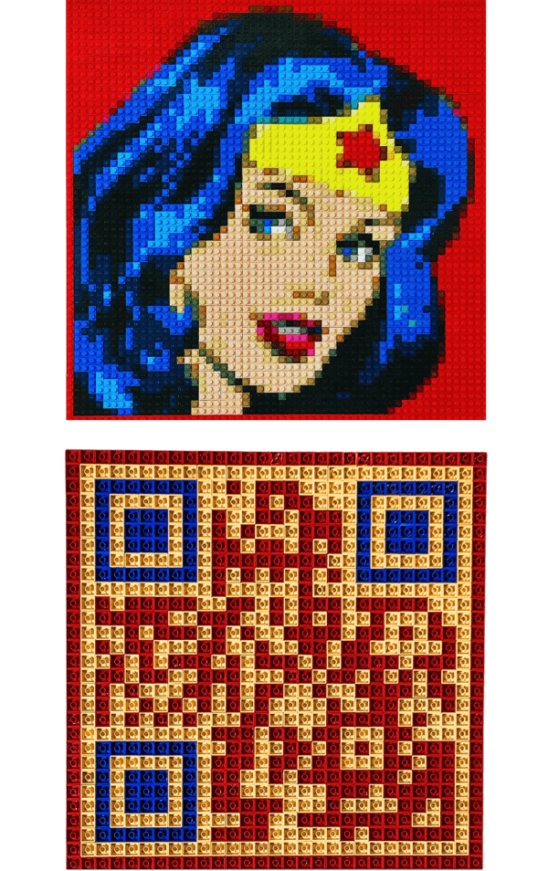 œuvre d’art, pop-art, lego, qr code, Œuvre d'art LEGO : Portrait original de Wonder Woman en briques (recto) et QR code (verso), une création artistique unique.