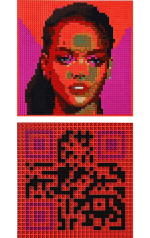 œuvre d’art, pop-art, lego, qr code, Œuvre d'art en LEGO : Portrait original de Rihanna en briques (recto) et QR code (verso), une création artistique exceptionnelle.