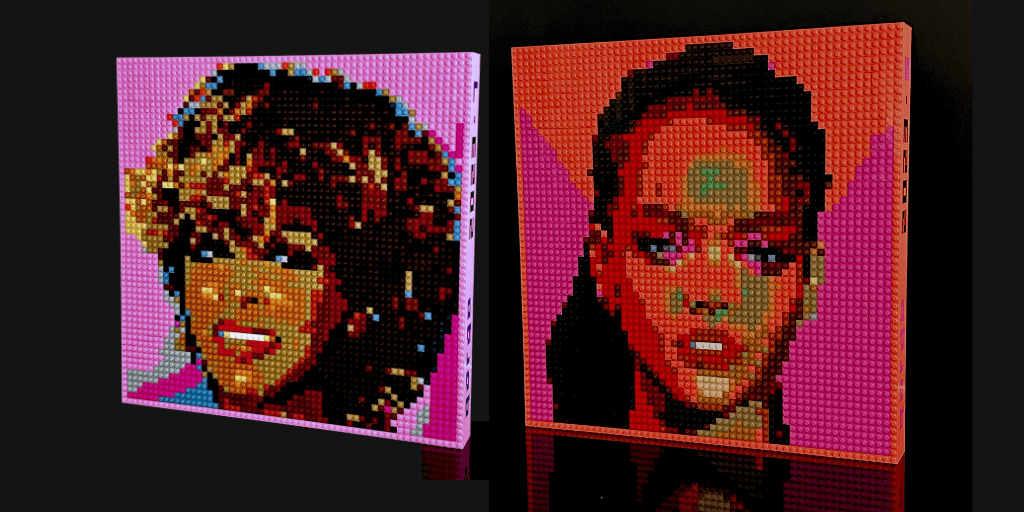 Deux œuvres qargo représentant Tina Turner et Rihanna en Lego, une fusion artistique unique.