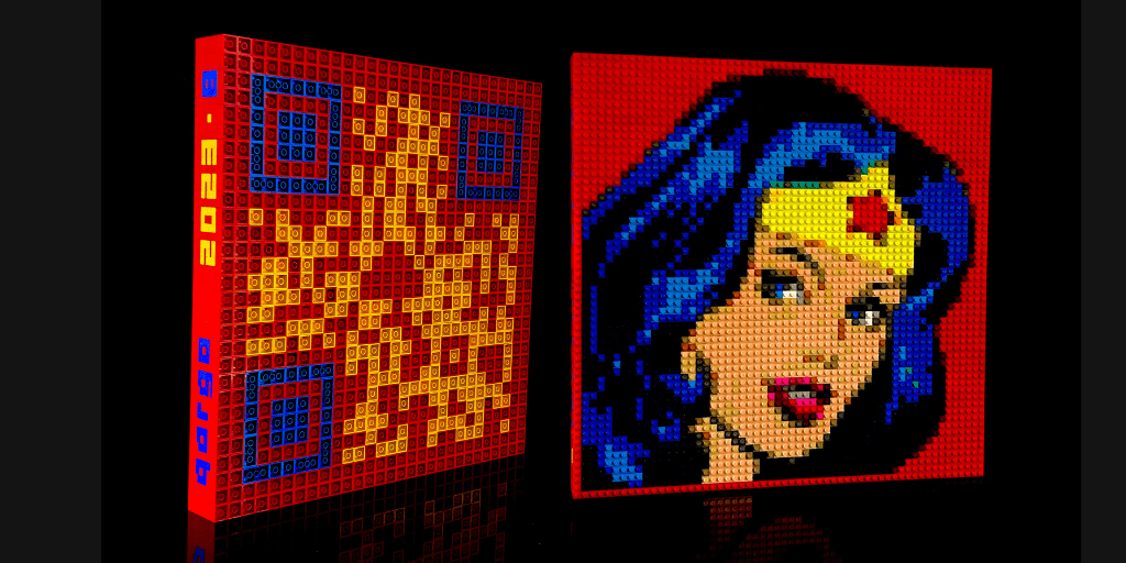 œuvre d’art, pop-art, lego, qr code, Œuvre qargo représentant Wonder Woman, l'emblématique super-héroïne.