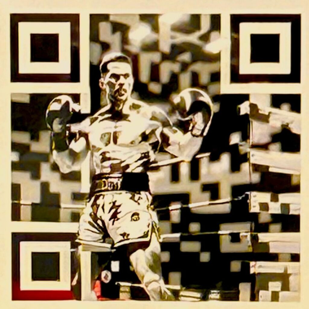 œuvre d’art, qr code artistique, pop art QR Code LEGO de Mohamed Ali légende de la boxe, verso de l'œuvre unique