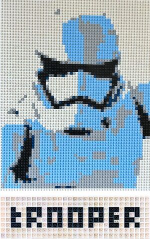 œuvre d’art, pop-art, lego, qr code, Art Lego : Portrait Inédit d'un Storm Trooper de Star Wars, Fond Noir, Socle Miroir