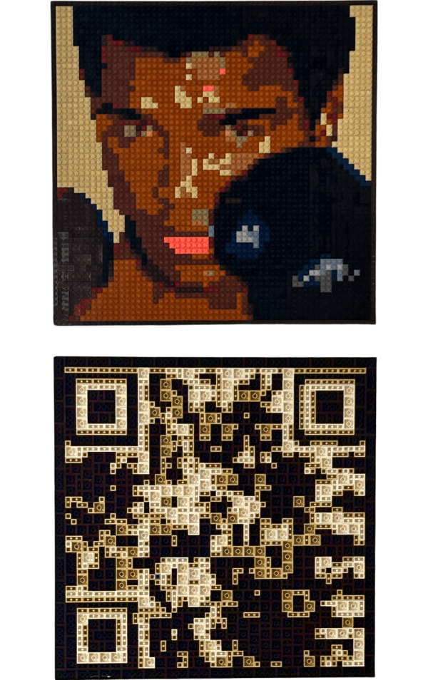 œuvre d’art, pop art, lego, qr code, Œuvre d'art en LEGO : Portrait original de la légende de la boxe Mohamed Ali en briques (recto) et QR code (verso), une création artistique exceptionnelle.