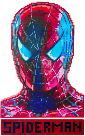 Portrait en LEGO de Spider-Man créé par l'artiste qargo, représentant un visage pixelisé du super-héros avec des briques colorées, combinant art contemporain et culture pop.