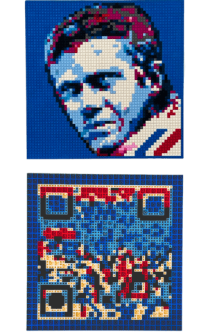 Portrait en LEGO de Steve McQueen créé par l'artiste contemporain qargo, montrant un visage pixelisé de l'acteur avec des briques LEGO colorées, fusionnant l'art contemporain et la culture cinématographique.