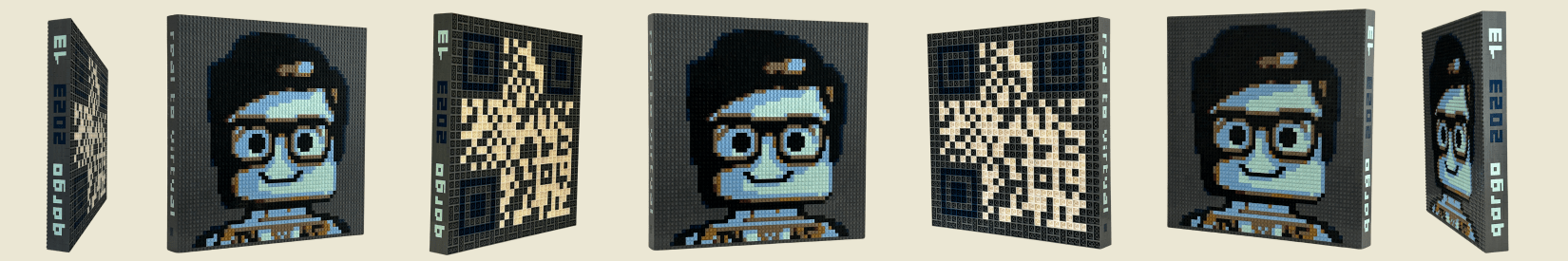 Fresque d'images LEGO représentant l'artiste qargo, avec un portrait pixelisé et des vues de chaque côté. Cette œuvre en LEGO est signée Qargo, avec des détails comme un QR code et des couleurs vives inspirées de l'artiste.