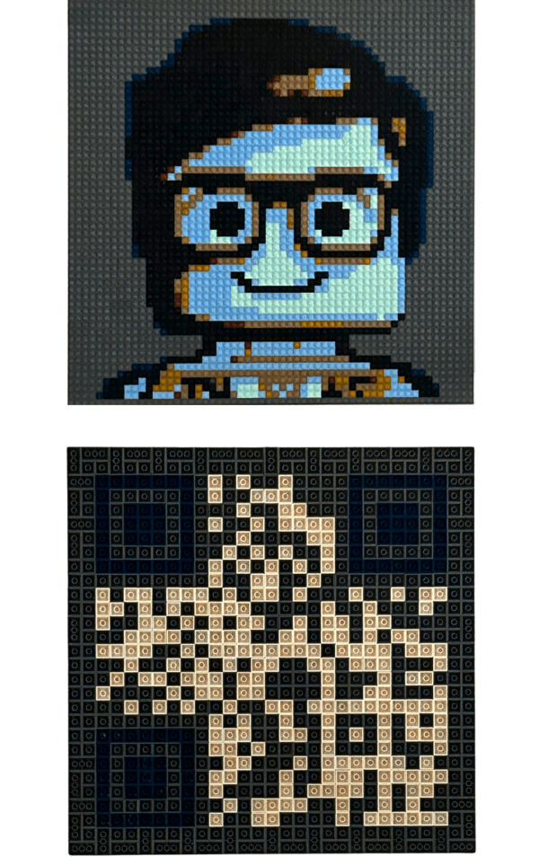 Portrait en LEGO de l'artiste qargo créé par l'artiste lui-même, montrant un visage pixelisé de l'artiste avec des briques LEGO colorées.