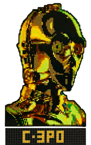 Portrait de C-3PO en mosaïque LEGO dorée et noire, réalisé par l’artiste qargo, avec le nom du droïde inscrit en briques jaunes.