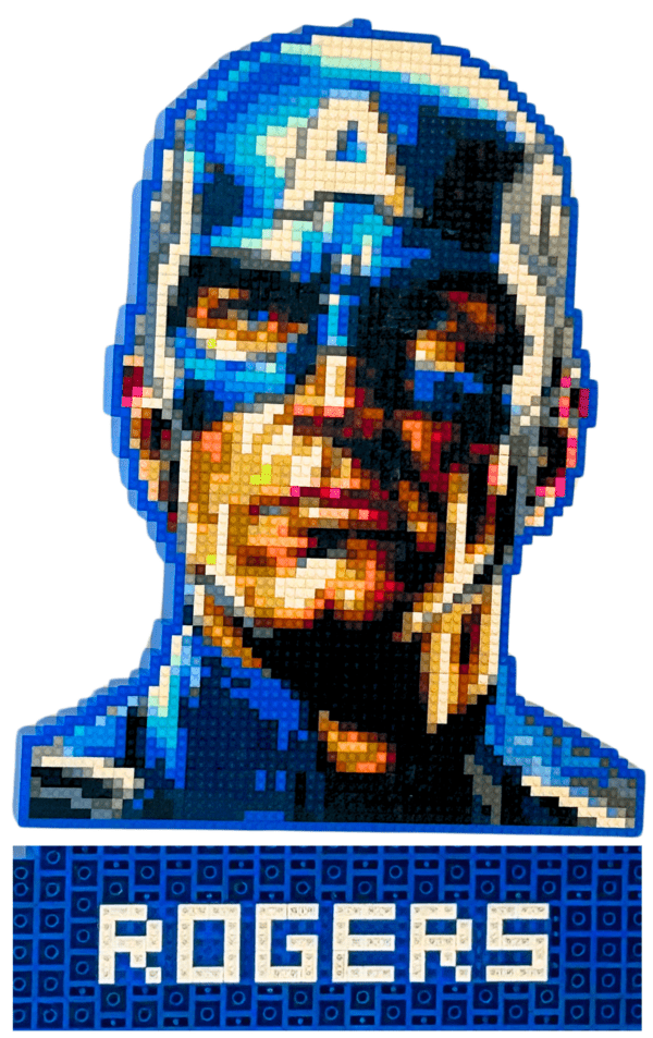 Portrait en LEGO de Captain America (Steve Rogers) réalisé par l'artiste qargo, mettant en lumière le visage emblématique et son nom inscrit en briques dans une œuvre moderne et stylisée.