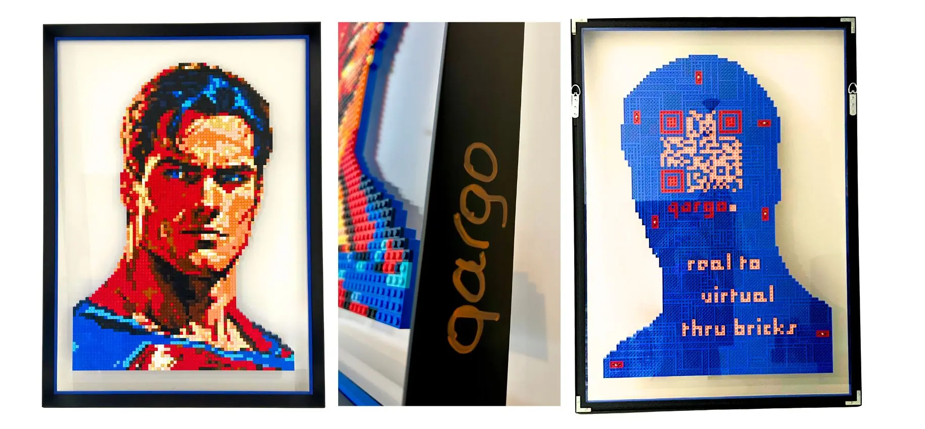 qargo-marvel-superman Portrait de Superman réalisé en briques LEGO® par l’artiste qargo, monté sur plexiglas, encadré en aluminium noir mat avec réhausse bleue, œuvre pop-culture contemporaine.