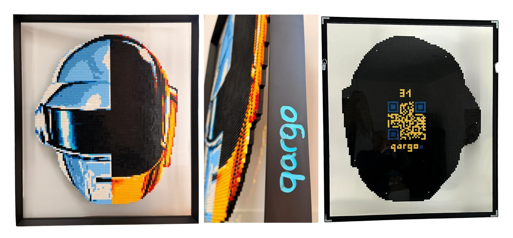Œuvre Daft Punk en briques LEGO® par l’artiste qargo, vue de face, tranche signée et verso avec QR code intégré